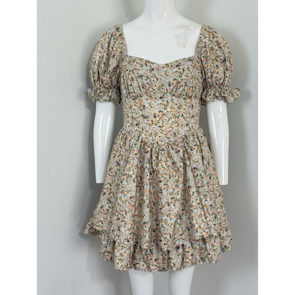 Women Floral Puff Sleeve Mini Dress Cottagecore Milkmaid Boho Corset Waist S